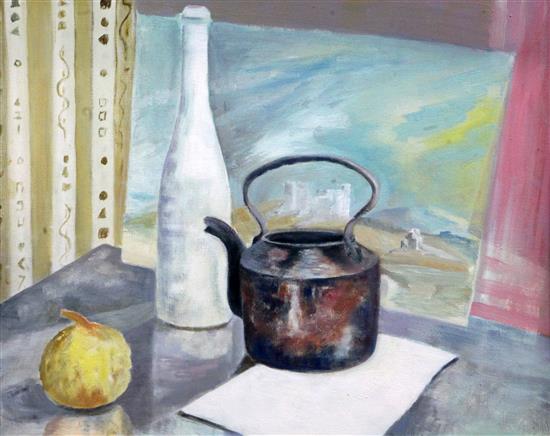 § Duncan Grant (1885-1978) Still life of a kettle, bottle, fruit and a painting 15.5 x 19.5in.